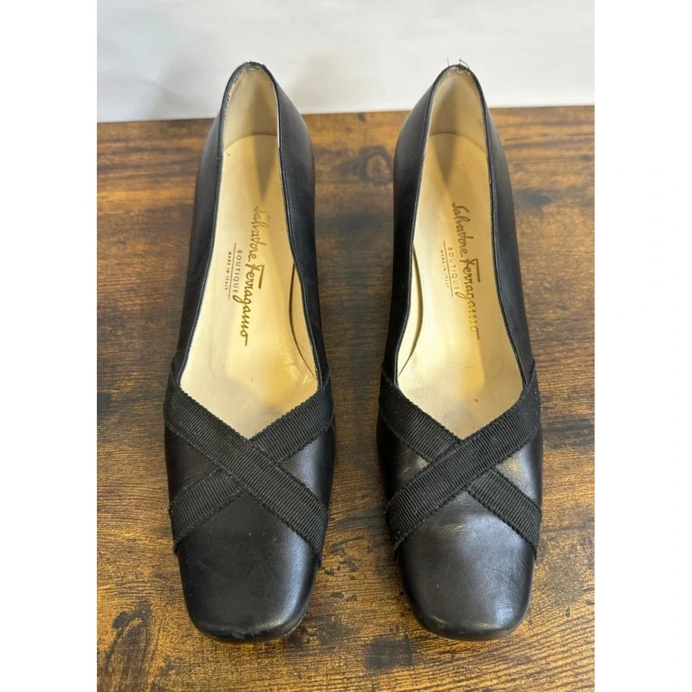 Salvatore Ferragamo Boutique Black Leather Square Toe Block Heel Pumps 6 B Italy - Picture 1 of 16